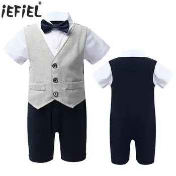 

Infant Baby Boys Romper Gentleman Short Sleeves Waistcoat Boy Formal Suit with Bowtie Summer Wedding Party Newborn Baby Clothes