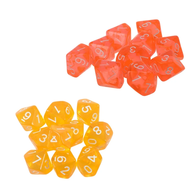 

20 Pcs Dices D10 Ten Sided Gem Dice Die for RPG Dungeons&Dragons Board Table Games, 10 Pcs Transparent Orange & 10 Pcs Transpare