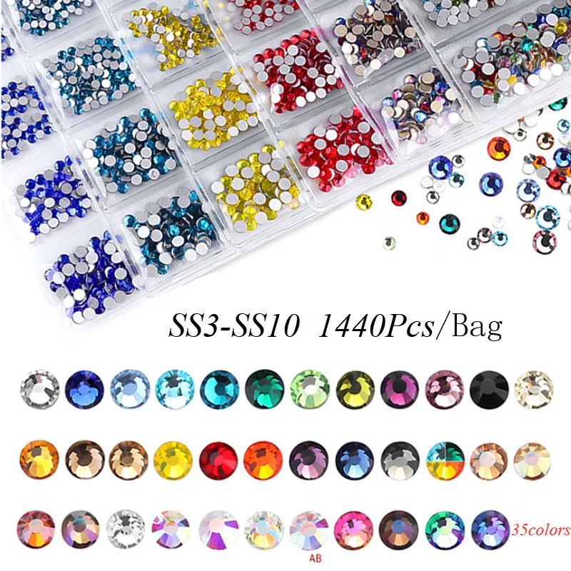 

Nail Crystal Charms 35 Colors SS3-SS10 1440Pcs Flatback Charm Glass Gems Diamonds 3D Design Manicure Nail DIY Accessory F605