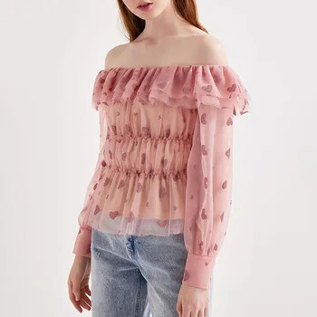 

Spring 2020 Explosion Models Super Fairy Sweet Word Collar Ruffled Long Sleeve Short Mesh Shirt Shirt Women Tide