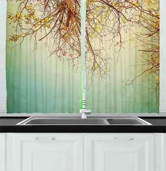 

Green Ginger Nature Kitchen Curtains Vintage Tree Flower Branches Spring Blooms Fresh Leaves Print for Kitchen Cafe Decor