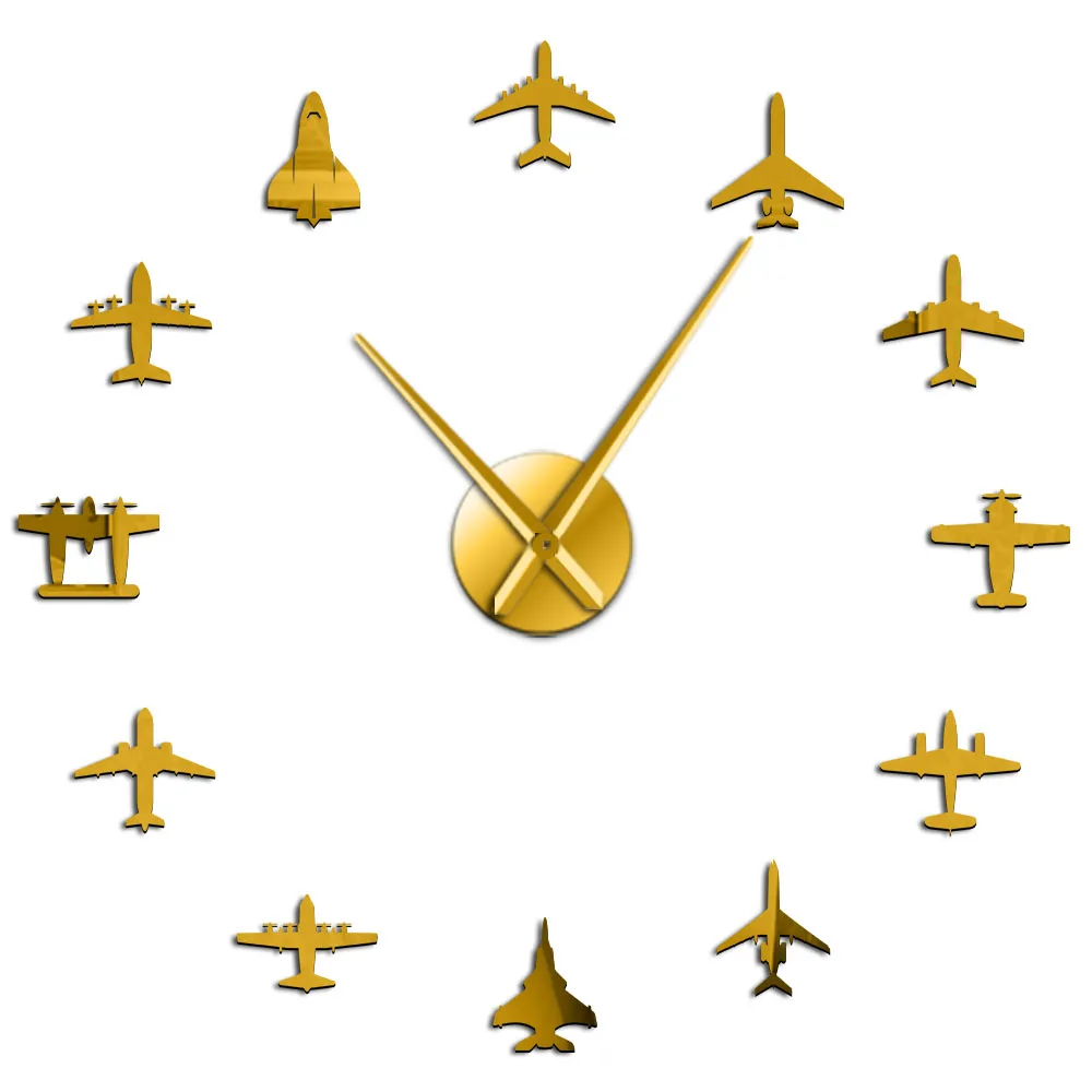 Летающий самолет истребитель современные большие настенные часы DIY акриловый зеркальный эффект наклейка самолет бесшумные Настенные Часы Авиатор домашний декор - Цвет: Gold