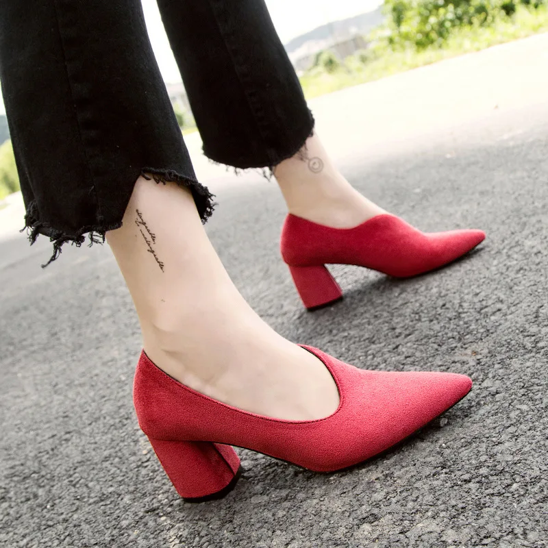 

2019 Spring New Style Europe And America Versatile Fashion Pointed High Heel Shoes Women's Chunky-Heel Work Black Thin Shoes