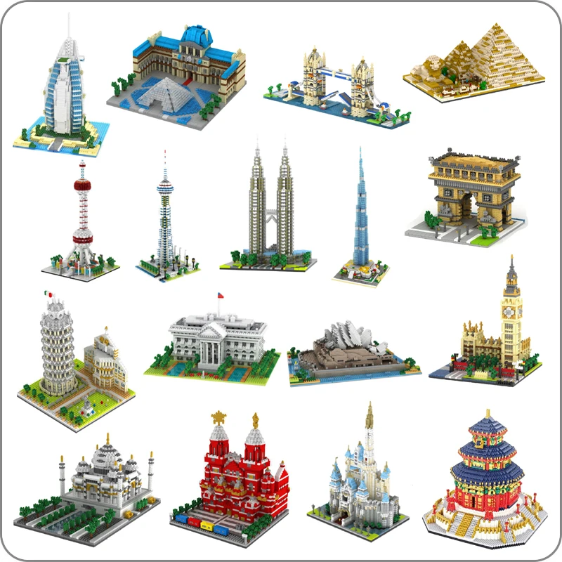 YZ Architecture Taj Mahal Castle Pisa Louvre Museum Leaning Tower Khalifa Bridge Diamond Building Small Blocks Toy no Box | Игрушки и