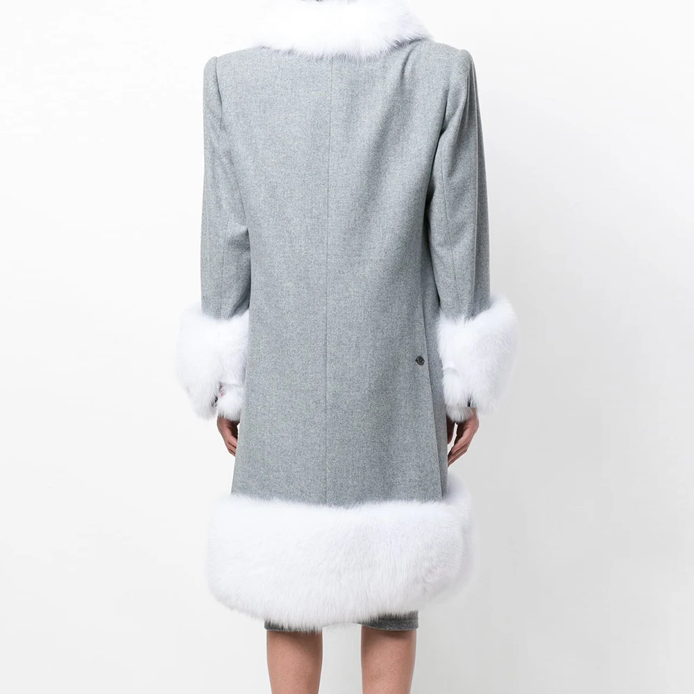 new Fashion Wool Blend large Coat Jacket With Natural white fox Fur Collar Genuine Leather Women Coats Luxury Winter