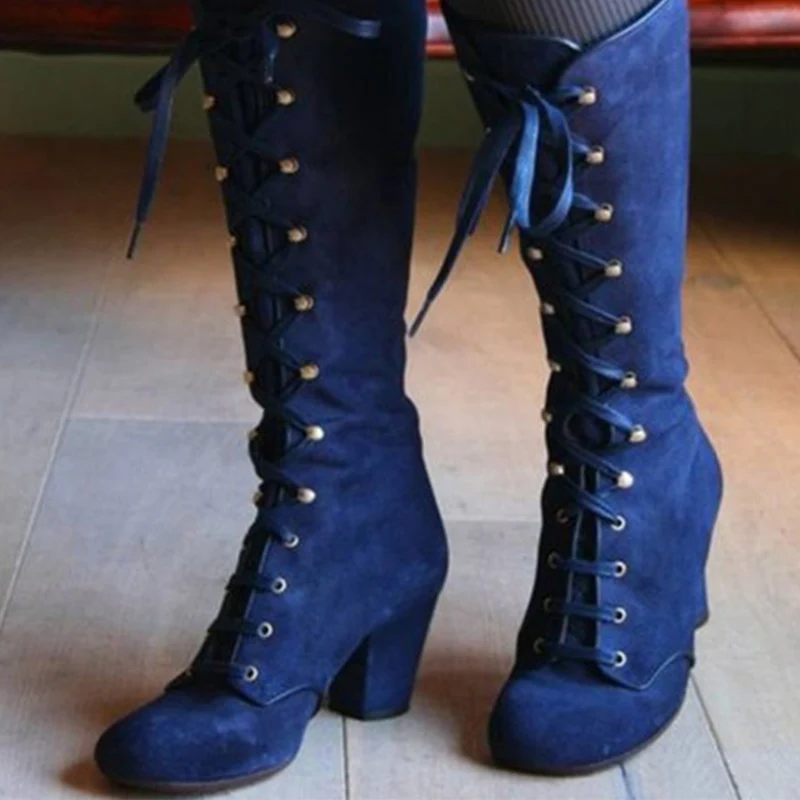 Новые женские сапоги до бедра на платформе женские сапоги до середины икры на шнуровке на высоком квадратном каблуке женские высокие сапоги из флока для езды, обувь больших размеров - Цвет: blue