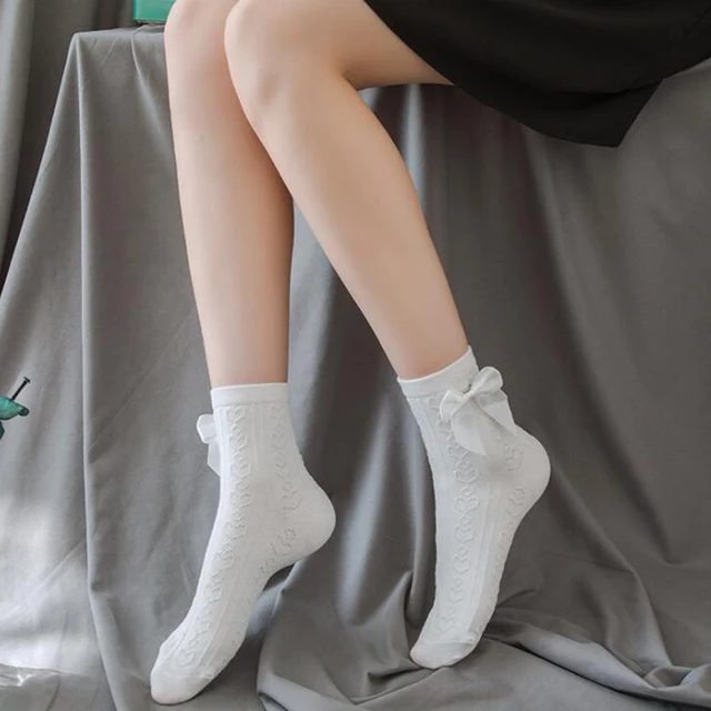Lolita White Lace Socks Women Heart Bowknot Cotton Socks Femme Sweet JK Socks Ankle Dress Calcetine Medias bowknot