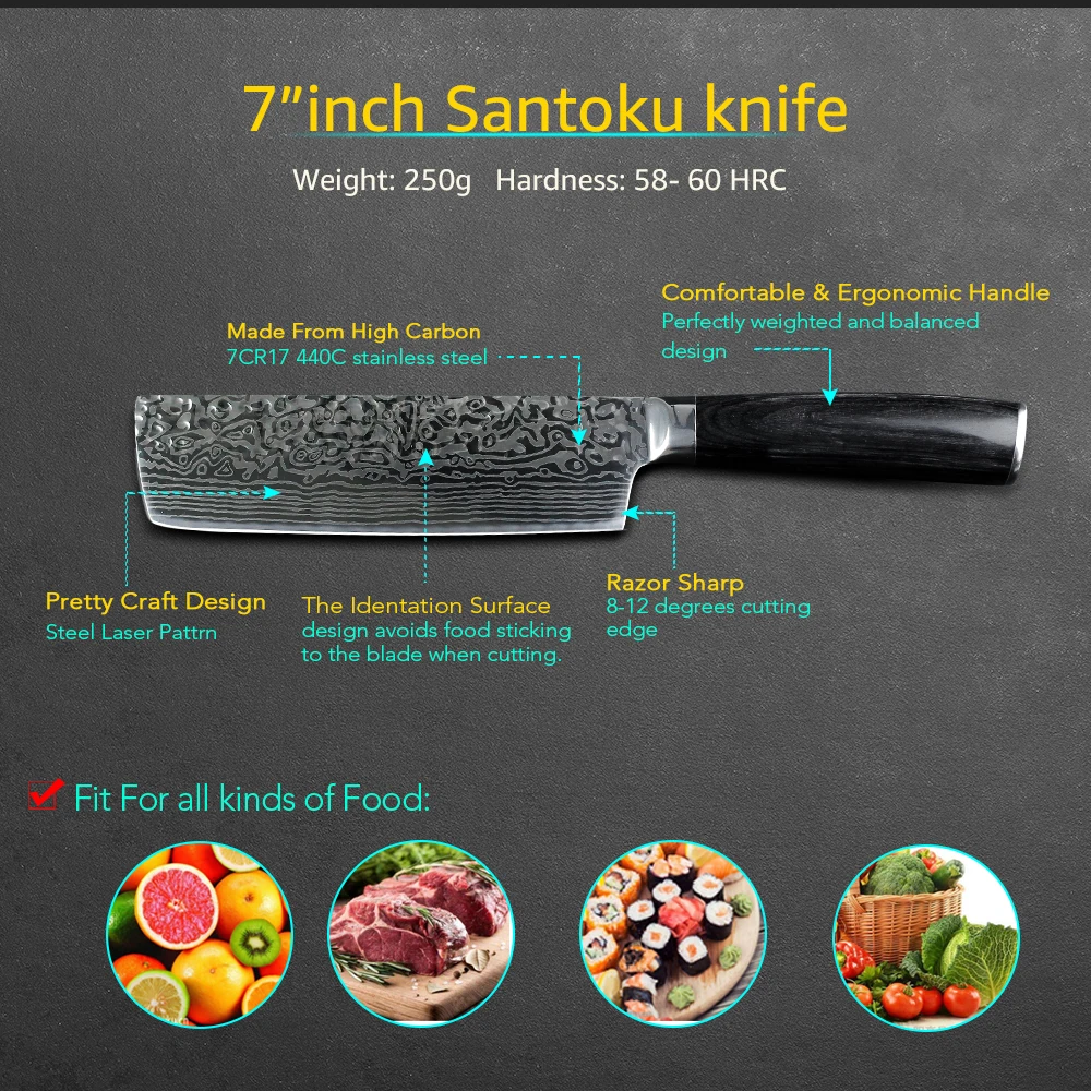 Кухонный нож 7 дюймов Santoku ножи 7CR17 400C высокоуглеродистой из нержавеющей стали, кованый нож для приготовления пищи