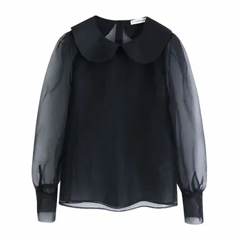 

2020 New Women's Doll Collar Black Organza Shirt Lantern Sleeve Mesh Yarn Slim Regular Commuter Style Womens Tops and Blouses