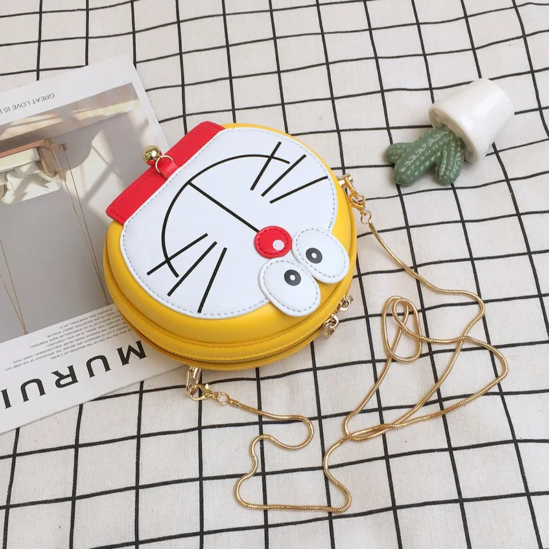 yellow Новинка, женская сумка, сумка для телефона Doraemon Cat, сумка на плечо с цепочкой для девочек, сумка через плечо, круглая сумка с мультипликационным принтом - Цвет: yellow