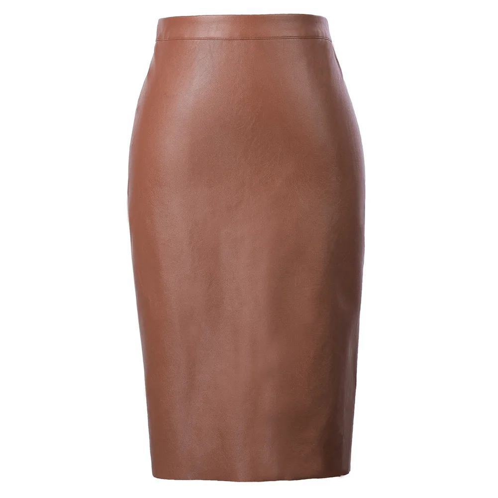Brown Черная Женская юбка Belle Poque из искусственной кожи, новинка, Сексуальная мини-юбка с высокой талией, облегающая юбка с разрезом, офисная юбка-карандаш размера плюс S-XL - Цвет: Brown