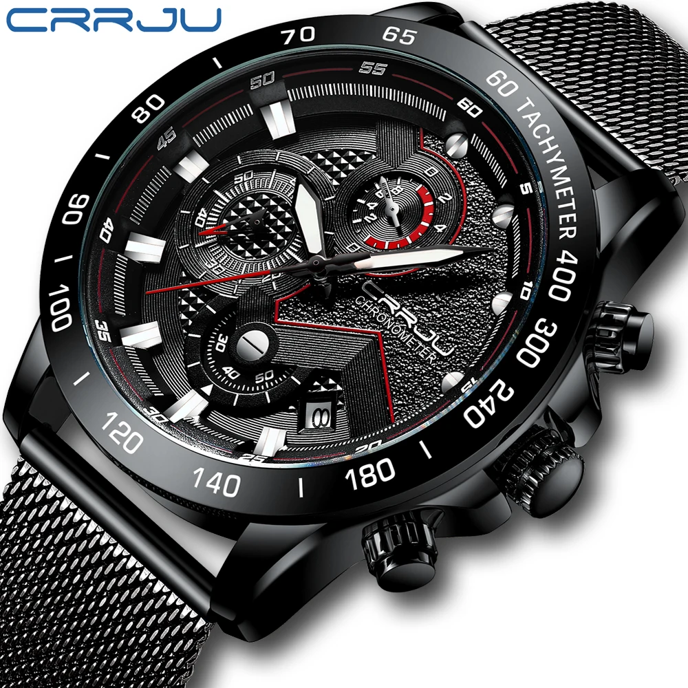 

2019 CRRJU Top luxury Men's Chronograph Analog Quartz Men Watch with Date Waterproof Wristswatch for Man Sport Mesh belt Watches