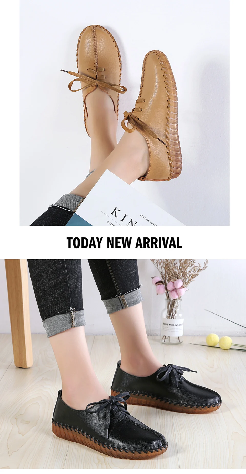 EOFK النساء الشقق أحذية من الجلد الحقيقي امرأة الأخفاف مريحة الدانتيل متابعة اليدوية الأبيض الصيف أحذية الباليه السيدات