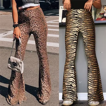 

Fashion 2020 Women High Waist Bell Bottoms Pants Leopard Print Wide Leg Pants Flare Trousers Tiger Skin Print Trousers 2 Colors