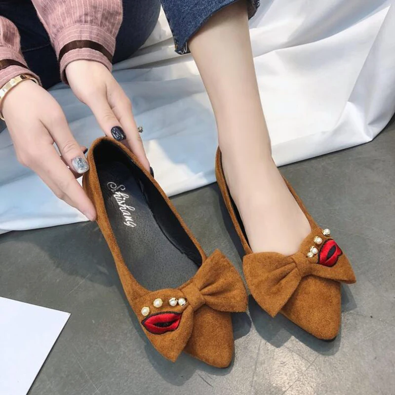 

Women Shoes Woman Fashion Pointed Flock Bow 2020 Spring New Shoes Wild Four Seasons Shoes Pointed Shoes Single Shoes D11