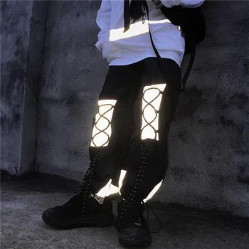 

Cool Punk Black Women Long Cargo Pants 2020 Lady Reflective Drawstring Pockets Sport Ankle-Length Stretch Waist Rock Trousers
