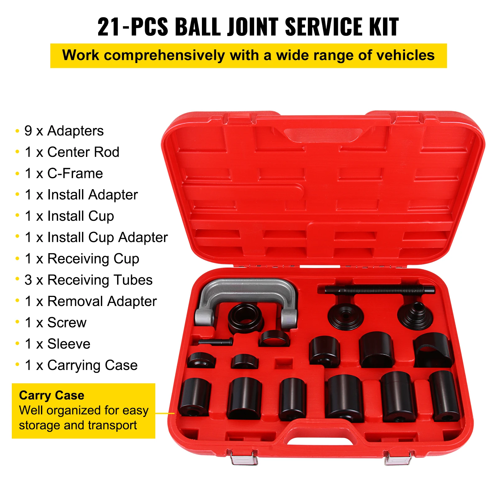 VEVOR 21 Pcs/Set Ball Joint Press Kit Carbon-steel Auto Repair Remover Install Adapter Tools for Garage Automobile Repair Shop