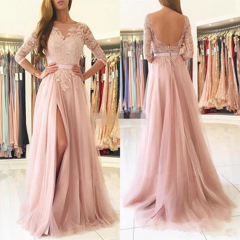 Blush Pink Split Long Bridesmaids Dresses 2020 Sheer Neck 34 Long Sleeves Appliques Lace Maid of Honor Wedding Guest Gowns (1)