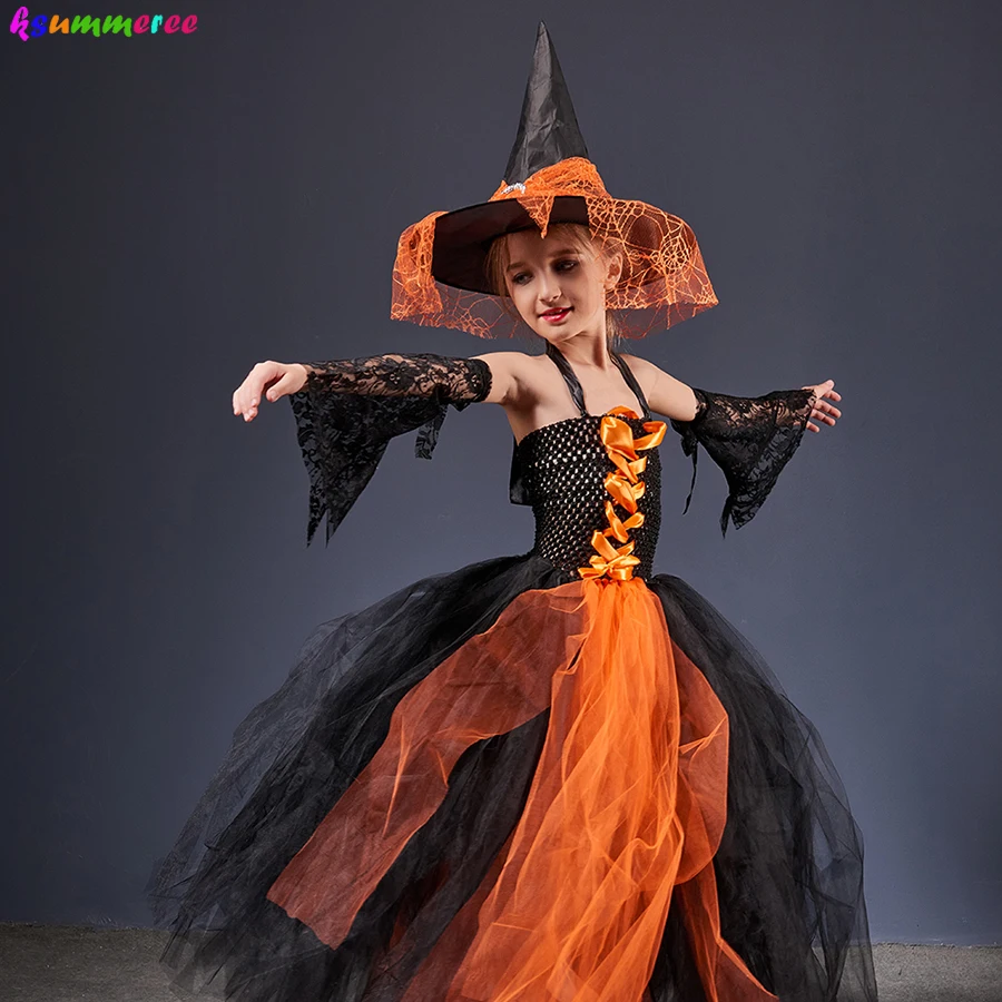 Witchy Halloween Girls Tutu Dress with Hat Medieval Fantasy Black Gothic Gown Dresses for Villain Party Purim Carnival Costume
