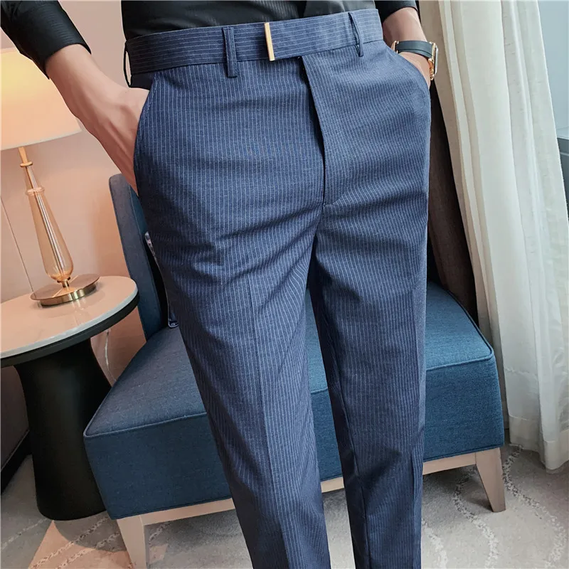 New Men's Suit Pants Solid Color Casual Business Stripe Dress Pants Slim Dress Trousers Quality Men's Classic Groom Wedding Pant