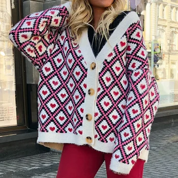 

QUEVOON Oversized Women's Sweater Argyle Heart Print Knitted Cardigans Female Single Breastesd V-neck Sweates Winter Fashion Top