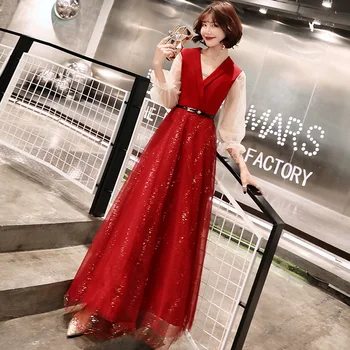 

Mesh Formal Party Dress Red Elegant Female Qipao Sexy Oversize 3XL Autumn New Cheongsam Puff Sleeve V-Neck Robe De Soiree