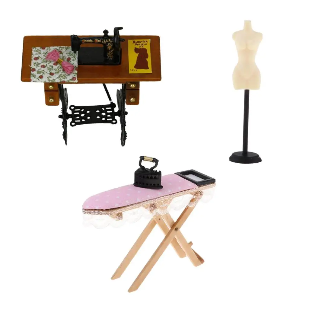Casa de muñecas accesorios hobby coser ropa tabla de planchar 1:24 escala 1zu24 de madera 