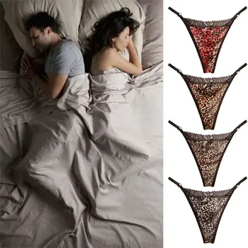 

Womens Sexy Low Rise Leopard Briefs Lingerie Hollow Out Lace Patchwork G-String Underwear Bowknot Front Ultra-Thin Thong