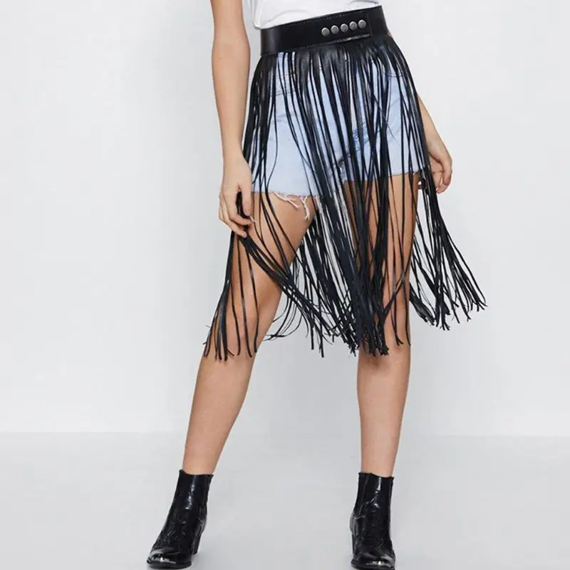 Women High Waist Faux Leather Fringe Tassels Skirt Body Harness with Snap Buttons Halloween Party Punk Rock Costume Clubwear mini skirt