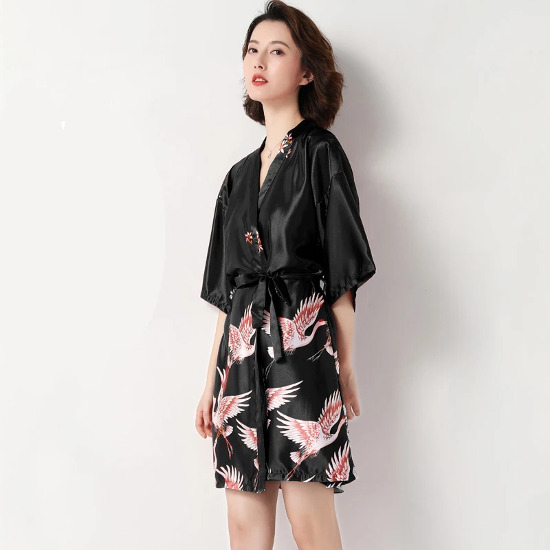 short robe 4 Большие размеры 3XL свадебное платье подружки невесты женские атласные шарфы кимоно банное платье сексуальное длинное платье с цветочным принтом - Цвет: short robe 4