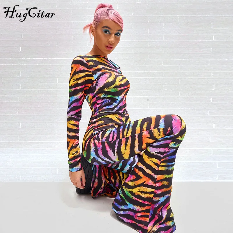 Online Hugcitar 2019 espalda descubierta sexy Otoño Invierno mujer flare mono romper streetwear estampado Arco Iris club fiesta rayado cuerpo bodycon