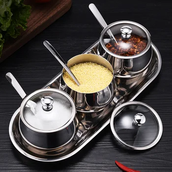 

Portable Sugar Salt Outdoor Barbecue Stainless Steel Kitchen Dustproof Restaurant With Spoon Lid Seasoning Jar Cooking Household