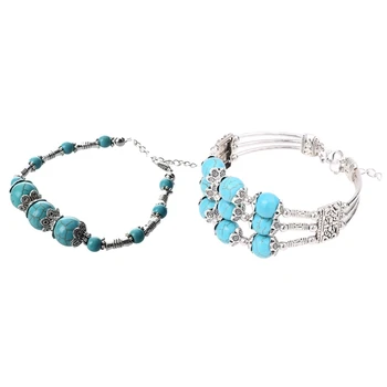 

2 Pcs Tibet Silver Turquoise Bead Bracelet Bangle ,Lobster Clasp with 3 Row 0.39 Inch