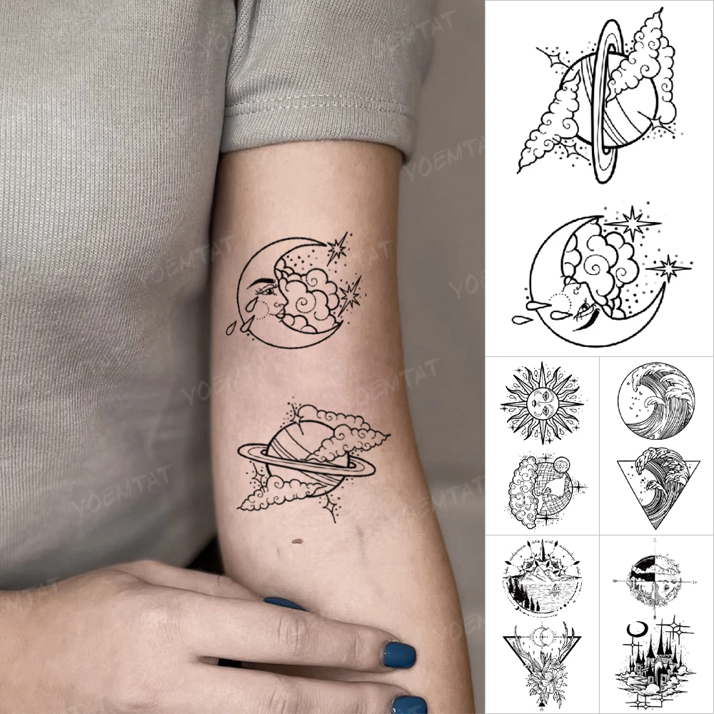 Tatouage Lune Et Soleil Ensemble Autocollants de tatouage temporaire imperméables, transfert, planète, lune,  soleil, étoile, vague, paysage, ligne flash, art corporel, hommes, femmes,  faux tatouage | AliExpress