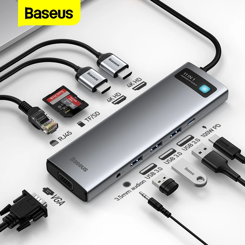 USB-концентратор Baseus 11 в 1 совместимый с USB 3 0 и RJ45 |