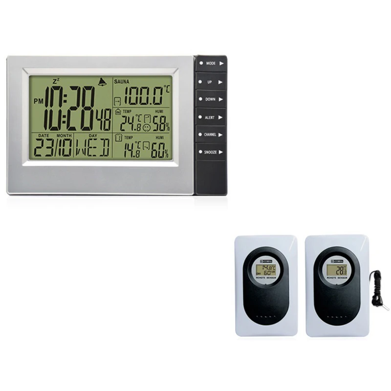 

Indoor and Outdoor Temperature and Humidity Measurement Sauna Sensor Wireless Electronic Weather Clock Outdoor with 2PCS Sensor