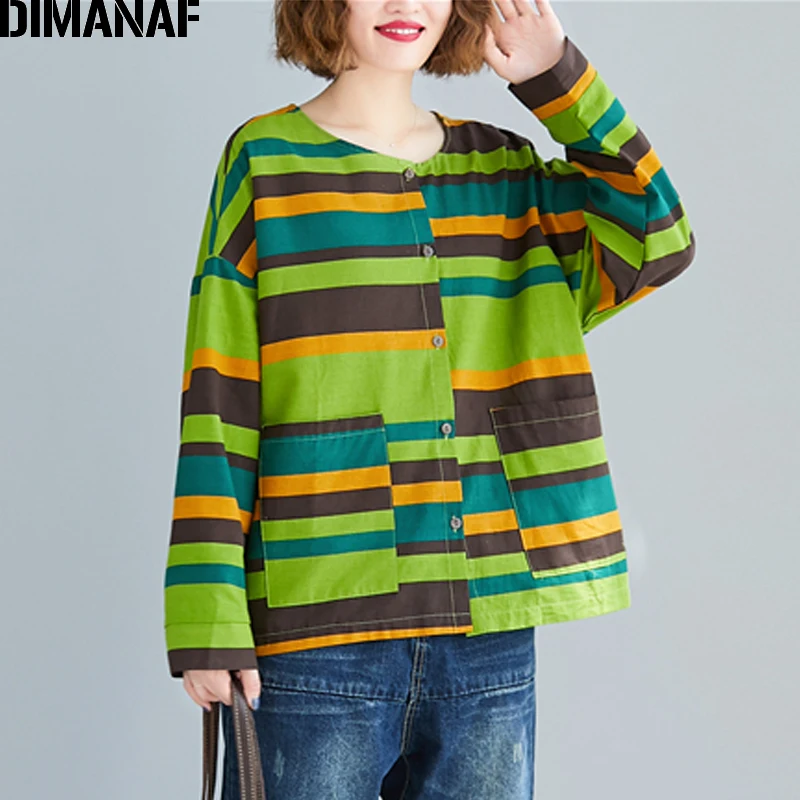 DIMANAF Plus Size Women Blouse Shirts Female Clothing Cotton Linen Basic Lady Tops Long Sleeve Striped Loose Button Cardigan New | Женская
