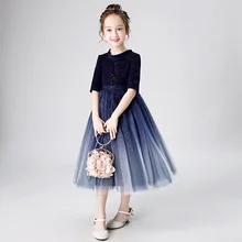 Детское свадебное вечернее платье для девочек от 3 до 10 лет Пышные свадебные платья принцессы с цветочным принтом и роялем цвета: синий, винный, красный