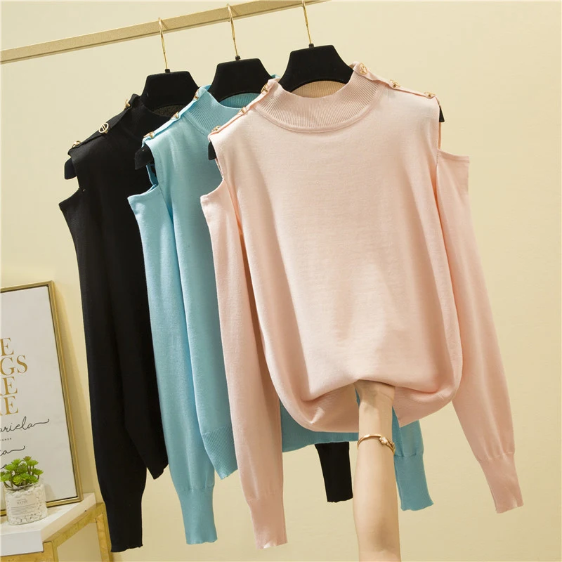 Женский вязаный свитер с открытыми плечами однотонный пуловер корейские