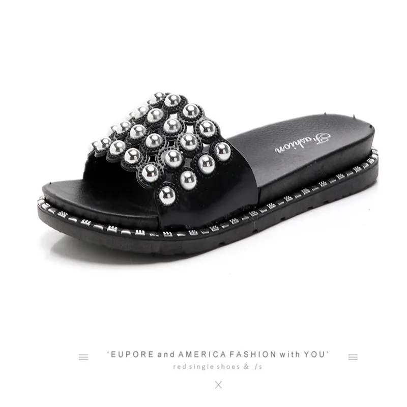 

Fashion Pearl Slippers Woman Slides Summer Beach Sandals Open Toe Sandals Flat Rubber Shoes Non-slip Outdoor Slippers Women