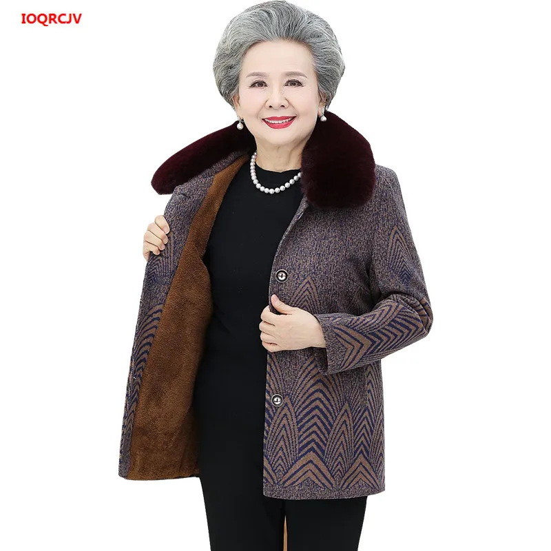 Ideal  Elderly Women Winter Plus Velvet Warm Jacket Coat 2019 Fur Collar Thicken Cotton Coats Old Grandma 