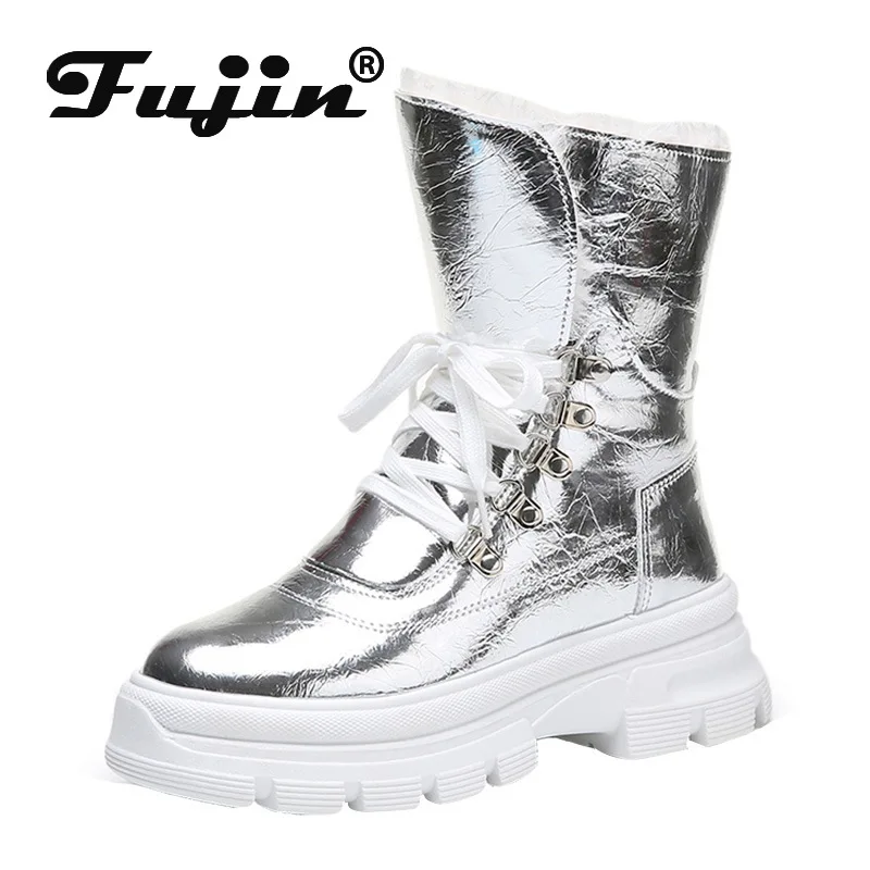 Fujin/женские зимние ботинки; коллекция года; Сезон Зима; на шнуровке; из водонепроницаемой кожи; Длинные теплые плюшевые ботинки на платформе; зимние ботинки для женщин
