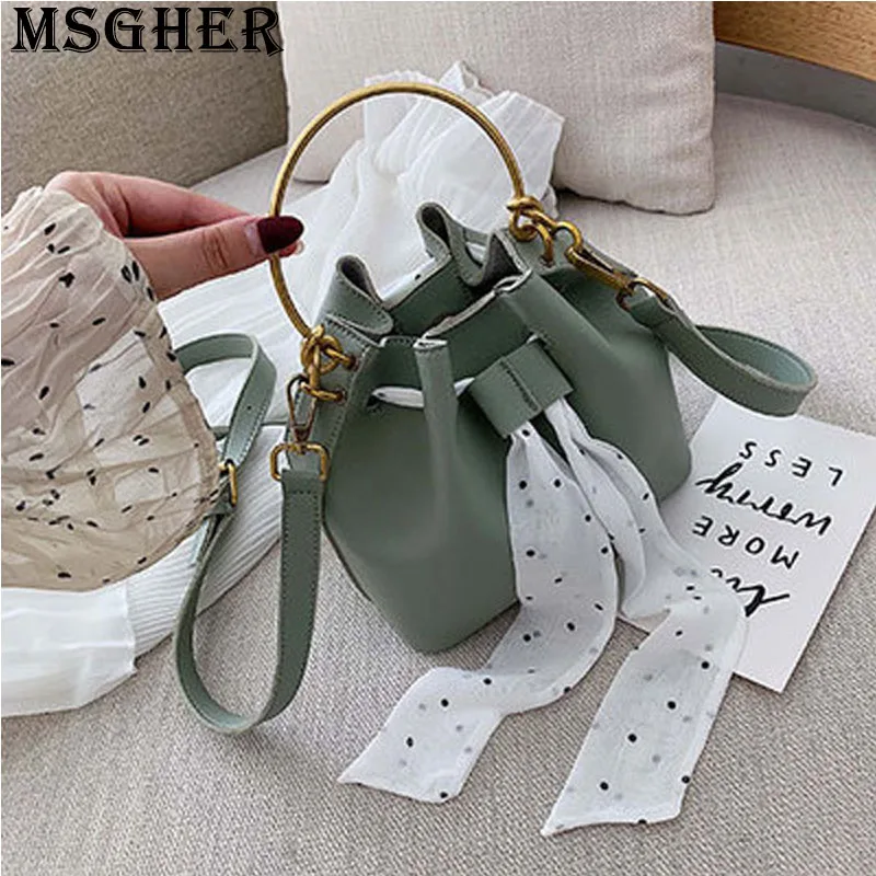 

MSGHER Solid Scarf Matching Women Bucket Bag String Summer Shoulder Designed Metal Wristband Handbag Gentle Lady Bag Wb2682