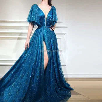 

Designer Blue V-Neck A-Line Evening Dress Floor-Length Short Sleeves Tulle Sash Women Dress Slit Prom Party Dress Formal Dubai