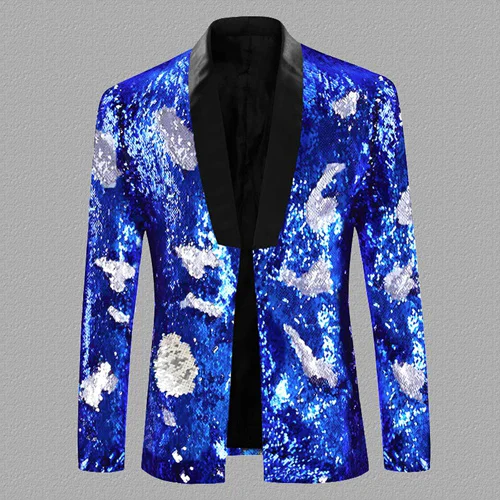 blue and silver Мужской Блестящий блейзер с блестками, цветной блестящий мужской костюм для танцев в ночном клубе, блейзер, модный мужской пиджак с воротником-шалью, смокинг - Цвет: blue and silver