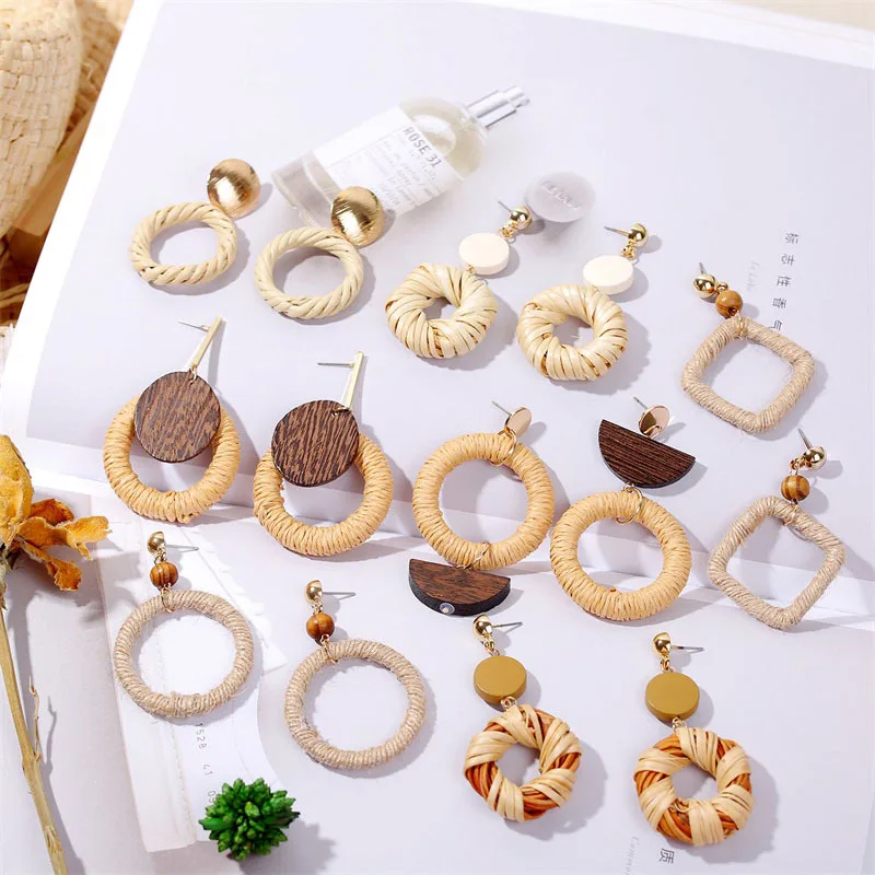 

New Fashion Round Drop Dangle Earrings For Women Korea Handmade Rattan Straw Braided Wooden Long Earrings Jewelry