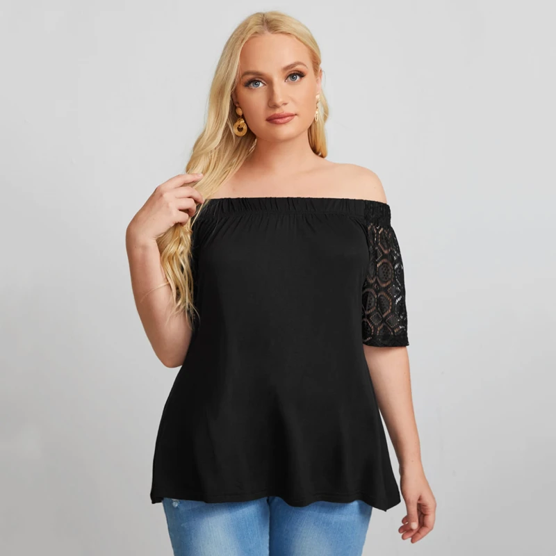 

Slash Neck One Shoulder Women Tops 2XL To 7XL Oversized Shirts Lace Short Sleeve Casual Shirts Blusas Mujer T2492