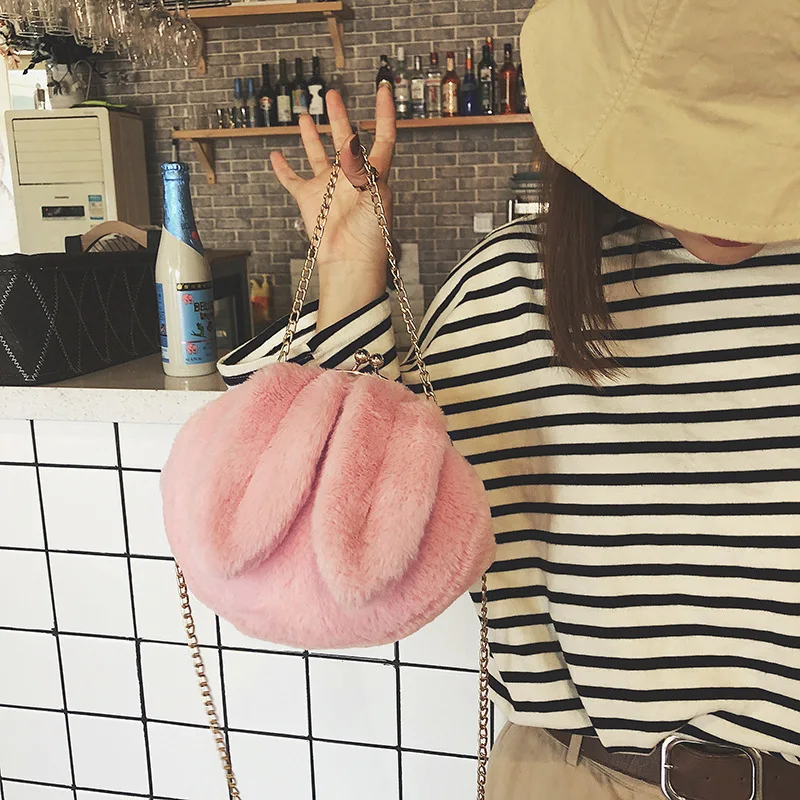 

Plush Rabbit Ear-Style Jaws WOMEN'S Bag 2018 Korean-style New Style Cute Plush Shoulder Bag with Chain Fashion