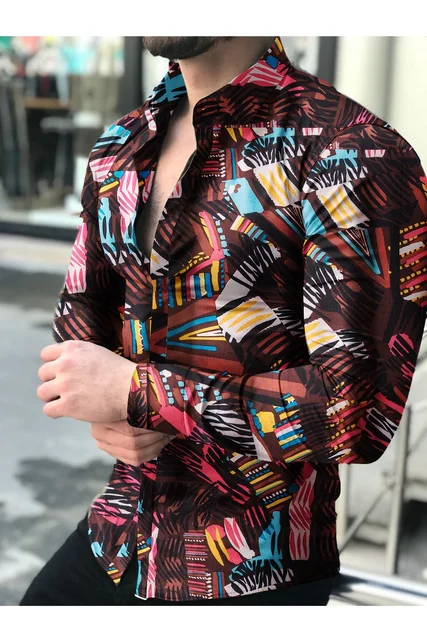 Men's shirt New Hawaiian Shirts Men Single Button Shirts Wild Shirts Printed  Male Blouses 2021 Brown