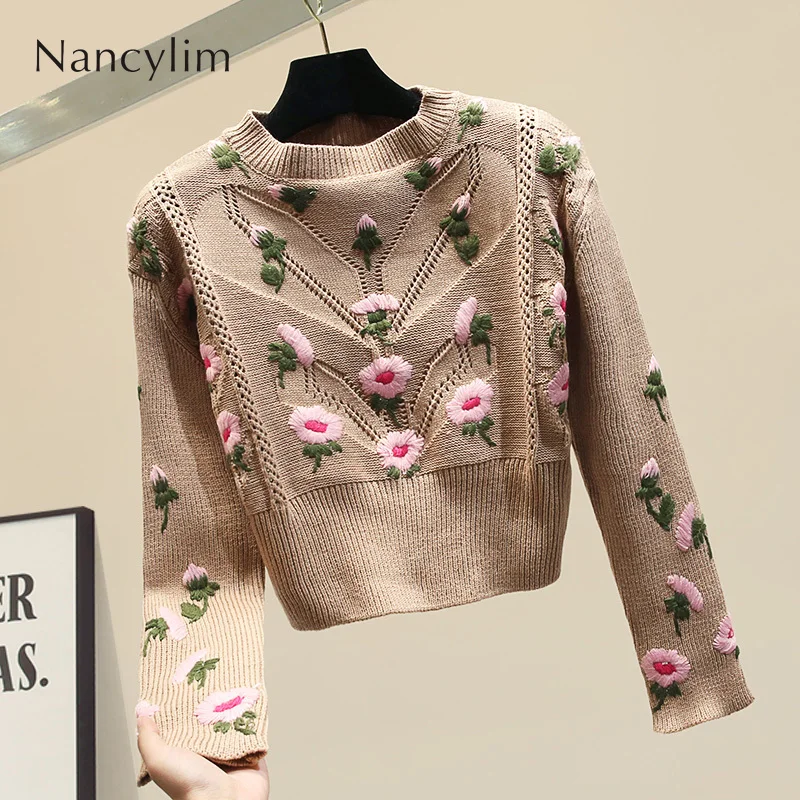 

Short Sweater Womens Hollow Out Flower Embroidery High Collar Sweater Girls Lady Short Street Wear Pullover Sweater Jumper Femme